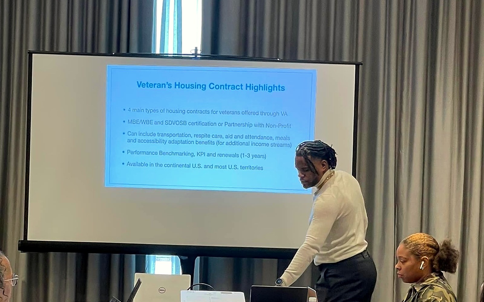 Founder D'Vonta Richard presenting the Veteran's Housing Contract framework to donors and investors at a Kansas City working session.