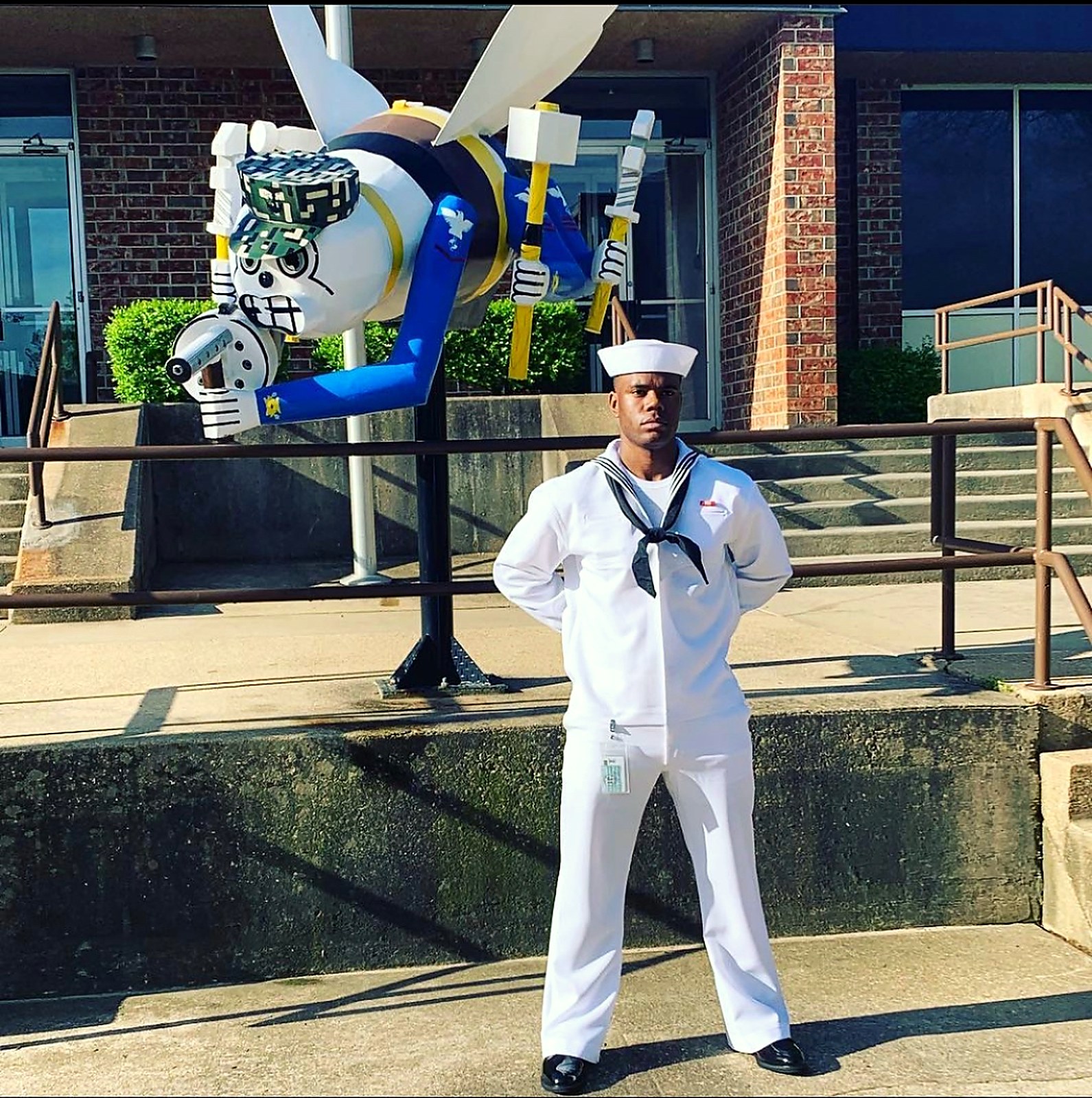 D'Vonta Richard in U.S. Navy dress whites during Seabee A-School training at Fort Leonard Wood, Missouri.
